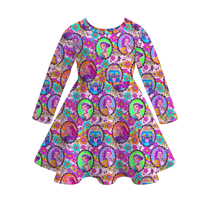 Kpop demon hunters inspired printed twirl ruffle dress