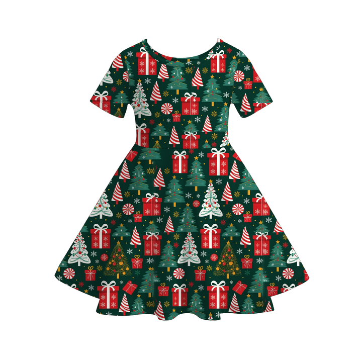 Christmas all-over printed short sleeve twirl dress