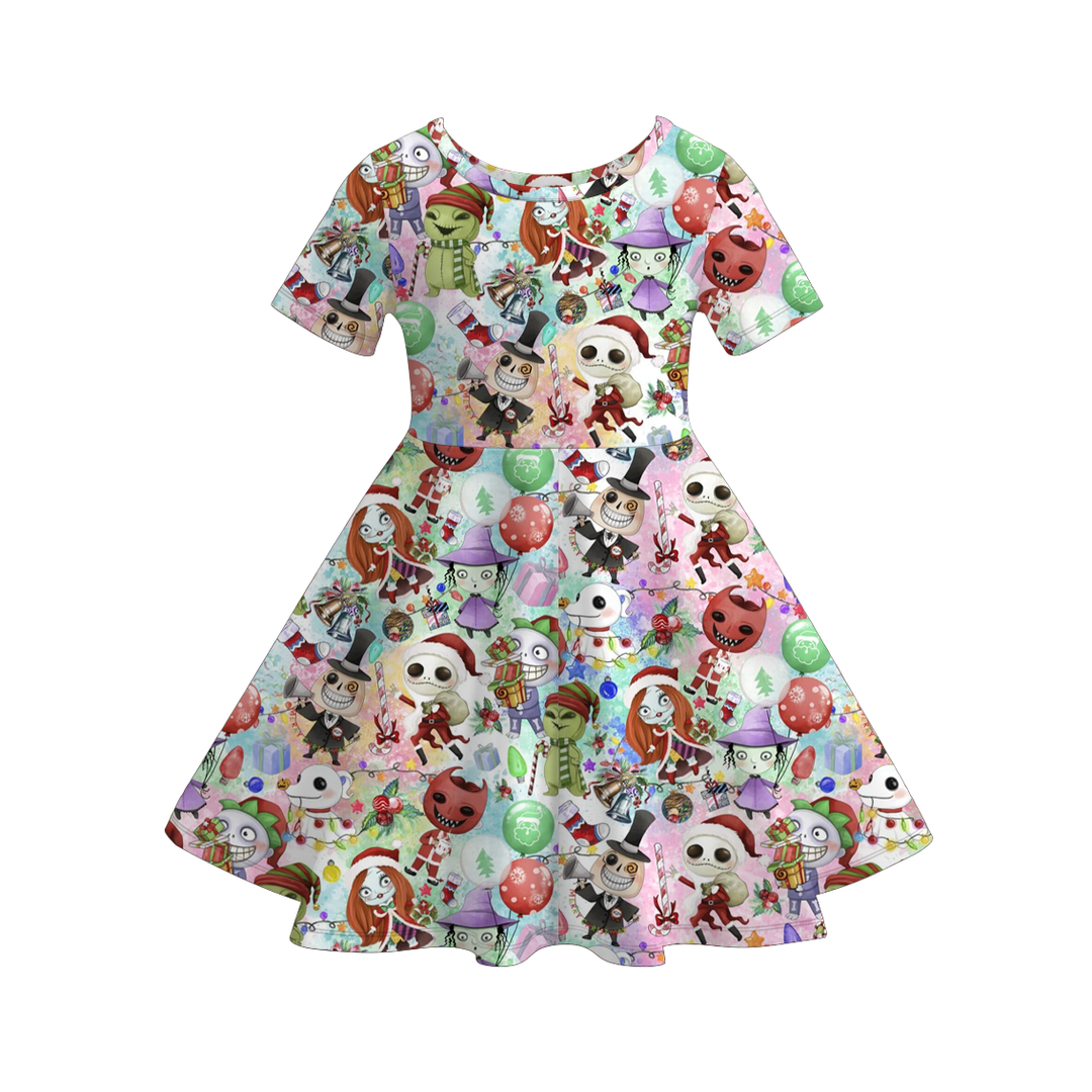 Christmas cartoon character printed twirl ruffle dress