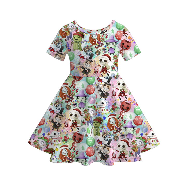 Christmas cartoon character printed twirl ruffle dress