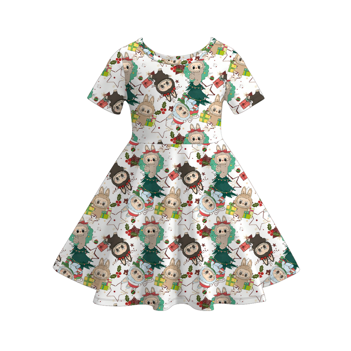 Christmas cartoon character printed twirl ruffle dress