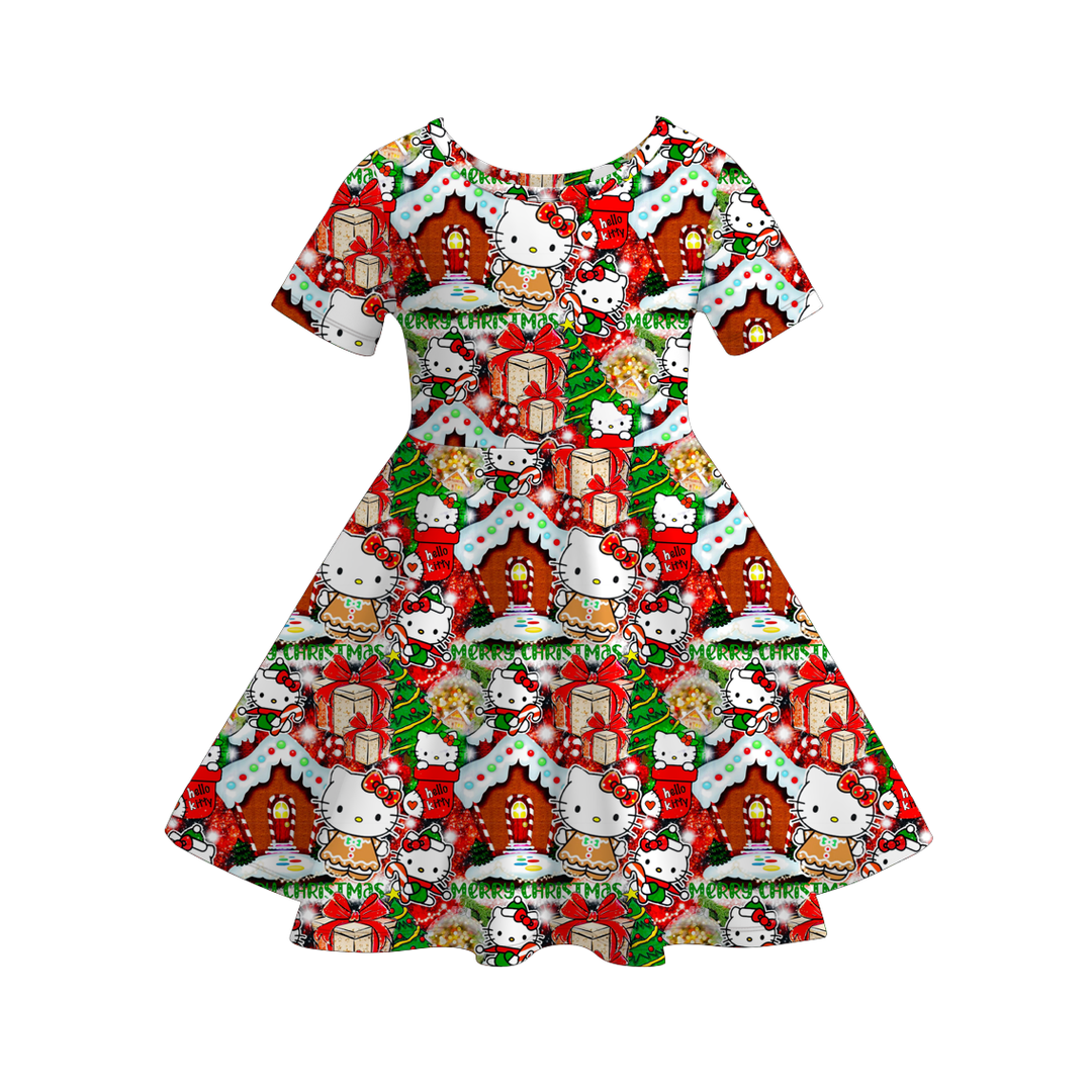 Christmas cartoon character printed twirl ruffle dress