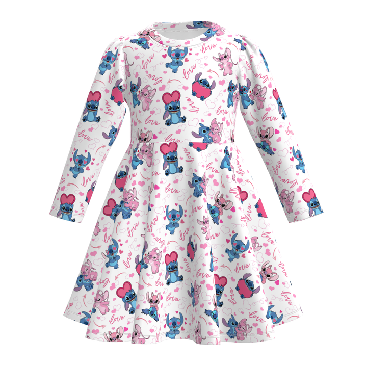 Valentine's cartoon printed long sleeve twirly dress