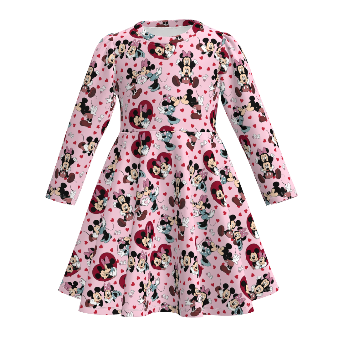 Valentine's cartoon printed long sleeve twirly dress