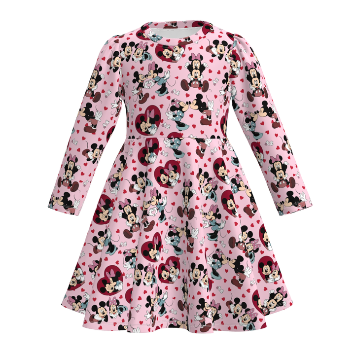 Valentine's cartoon printed long sleeve twirly dress