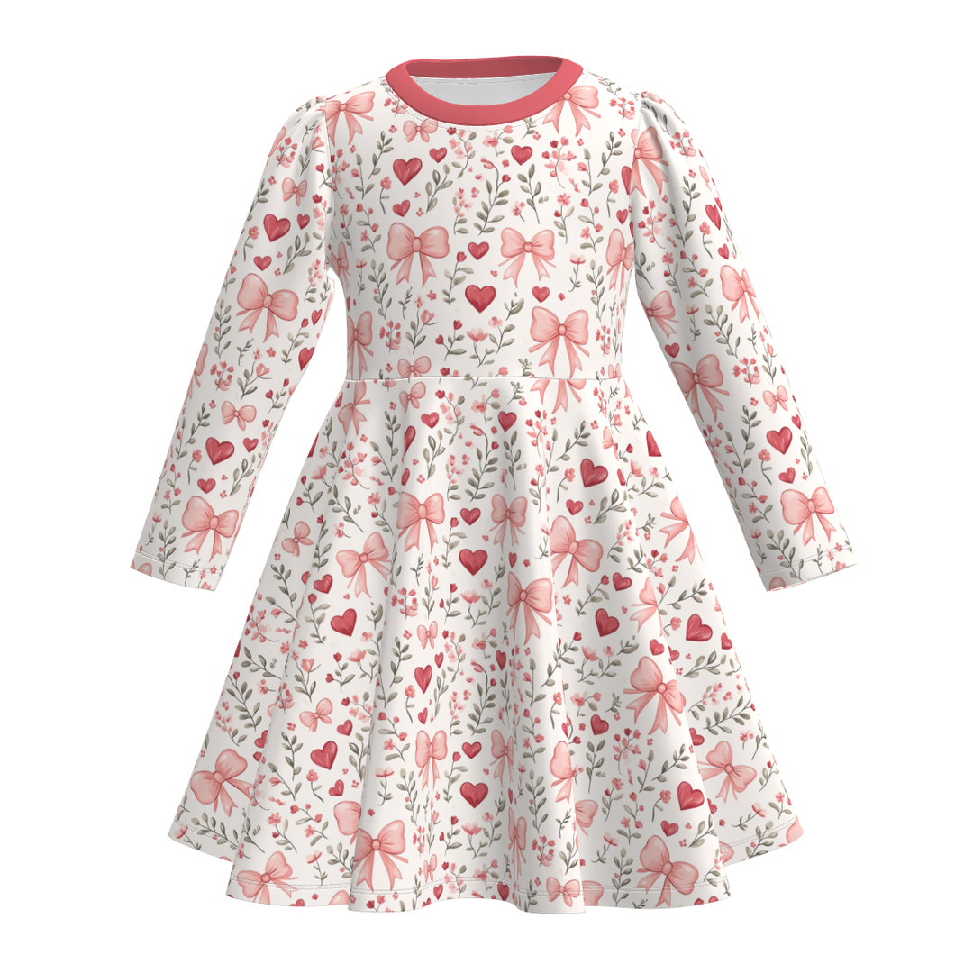 Valentine's sweet pink bow printed twirl dress
