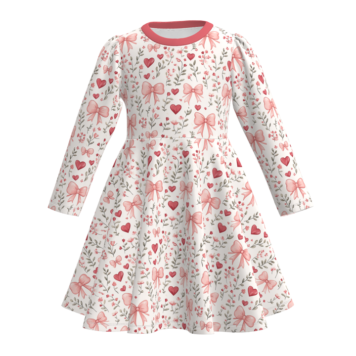 Valentine's sweet pink bow printed twirl dress