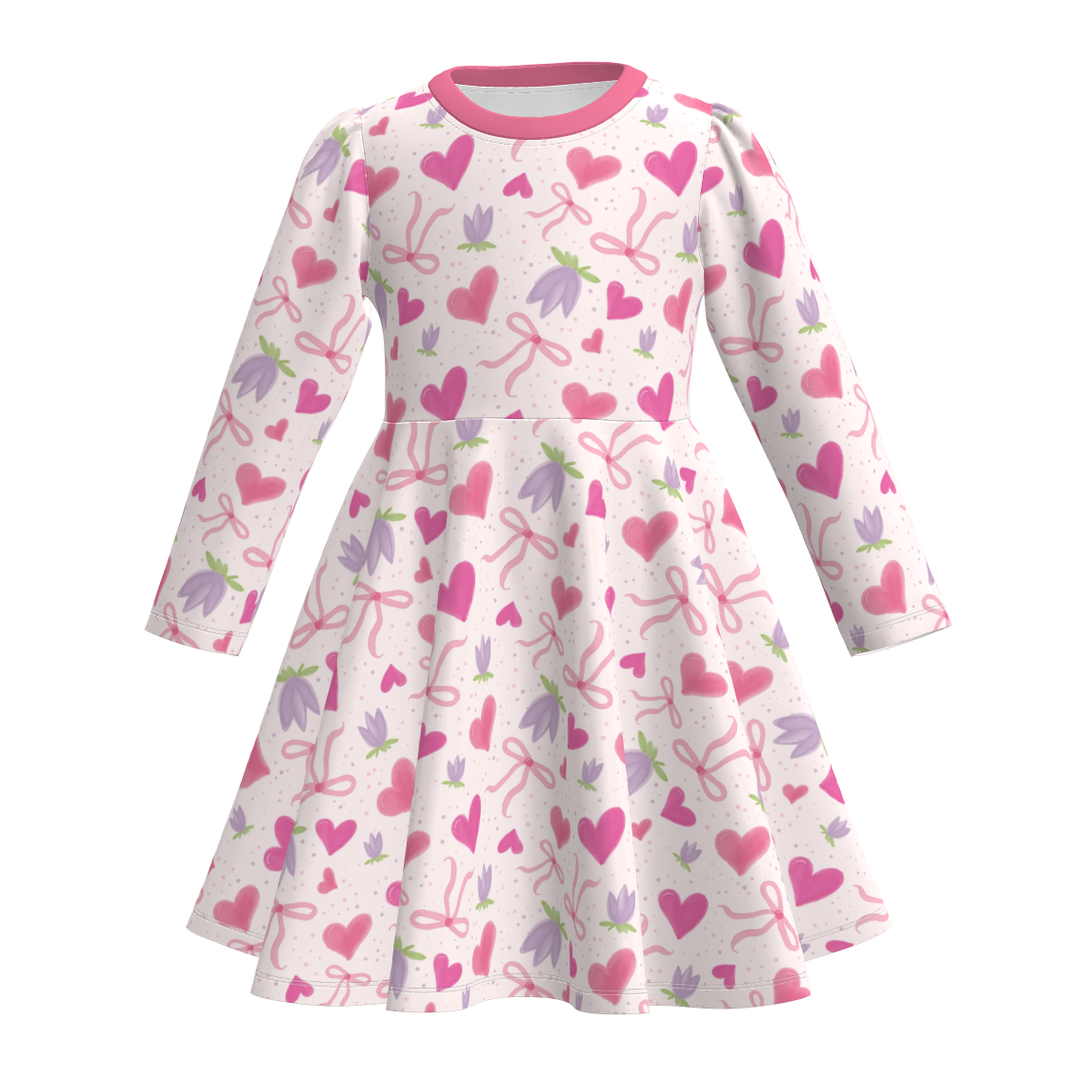 Valentine's sweet pink bow printed twirl dress