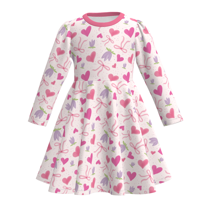 Valentine's sweet pink bow printed twirl dress