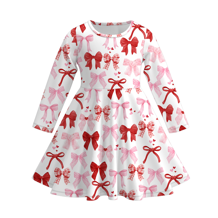 Valentine‘s sweet pink bow printed ruffle twirl dress
