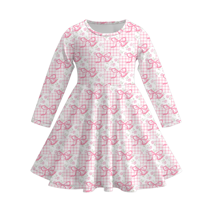 Valentine‘s sweet pink bow printed ruffle twirl dress