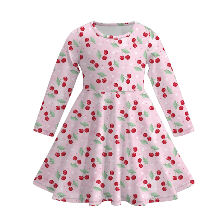 Valentine‘s sweet pink bow printed ruffle twirl dress