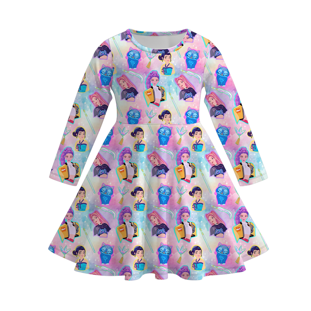 Kpop demon hunters inspired printed twirl ruffle dress
