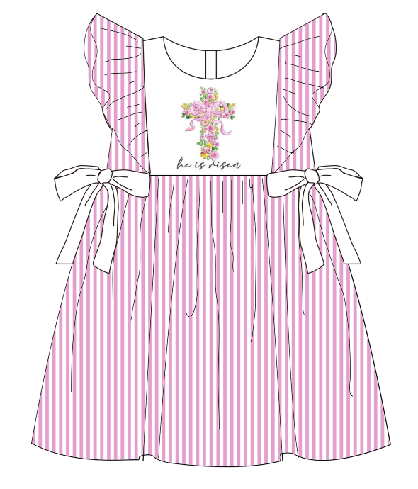 Pink stripe floral cross embroidery sibling outfits for Easter