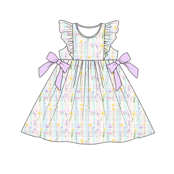 Easter Purple floral bowknot ruffle dress sibling outfits