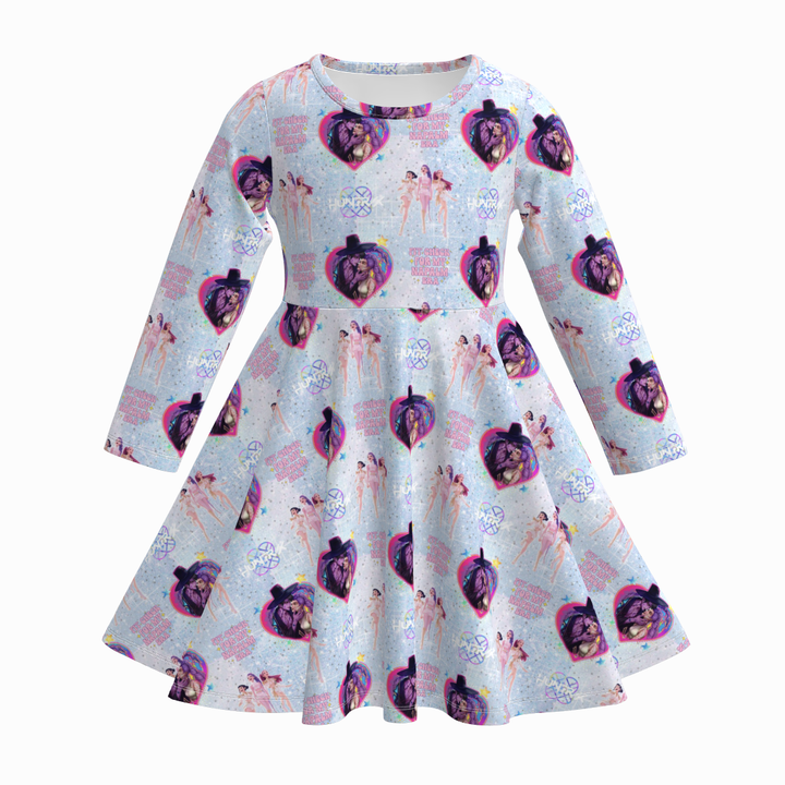 KDH K-pop inspired printed long sleeve twirly dress for girls