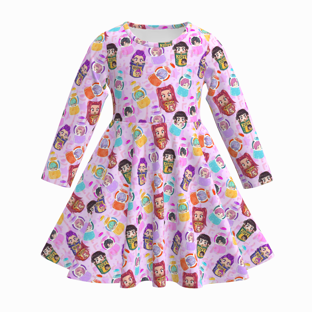 KDH K-pop inspired printed long sleeve twirly dress for girls