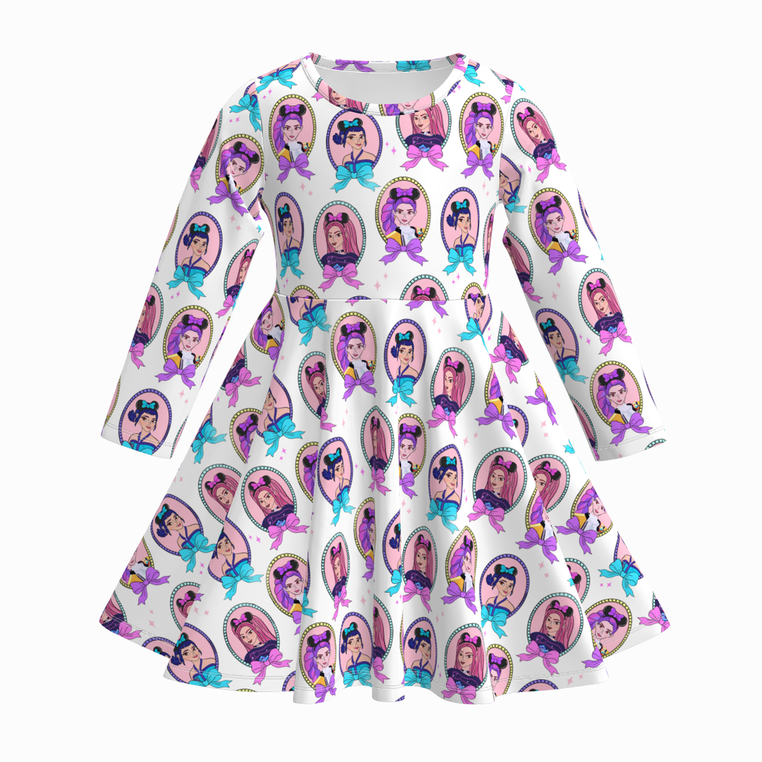KDH K-pop inspired printed long sleeve twirly dress for girls