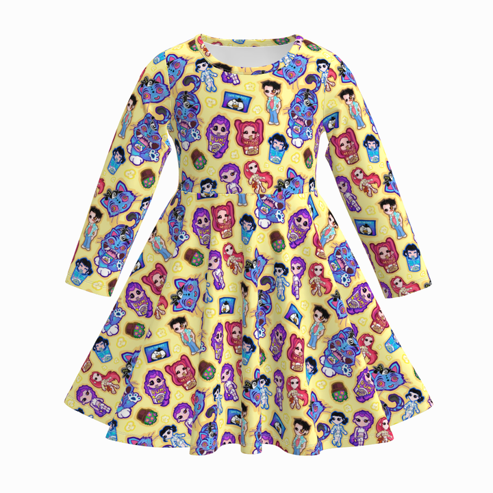 KDH K-pop inspired printed long sleeve twirly dress for girls