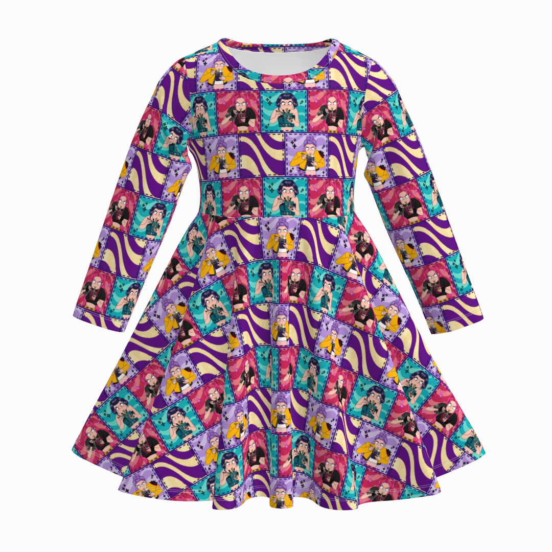 KDH K-pop inspired printed long sleeve twirly dress for girls