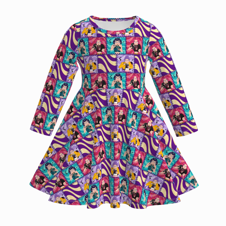 KDH K-pop inspired printed long sleeve twirly dress for girls