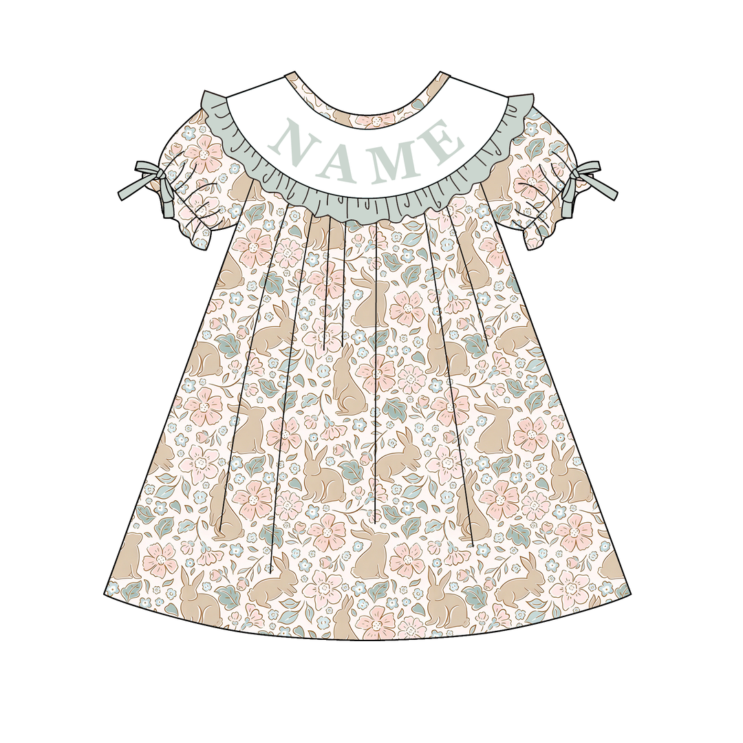 Customizable Embroidered name Easter bunny floral romper dress