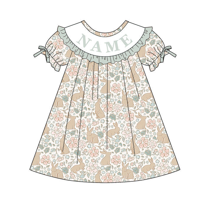 Customizable Embroidered name Easter bunny floral romper dress