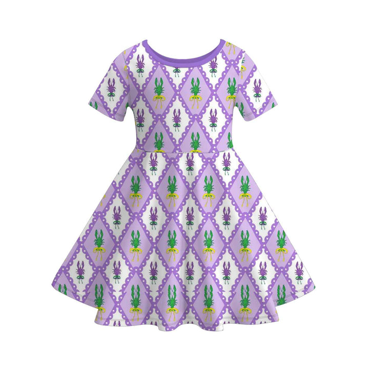 Mardi Gras themed printed short sleeve twirl dress for girls