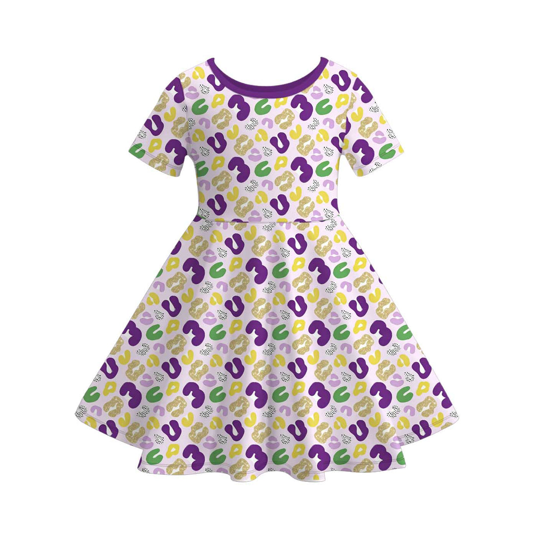 Mardi Gras themed printed short sleeve twirl dress for girls