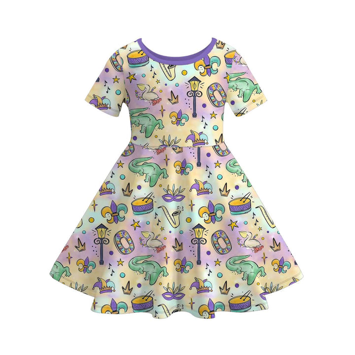 Mardi Gras themed printed short sleeve twirl dress for girls