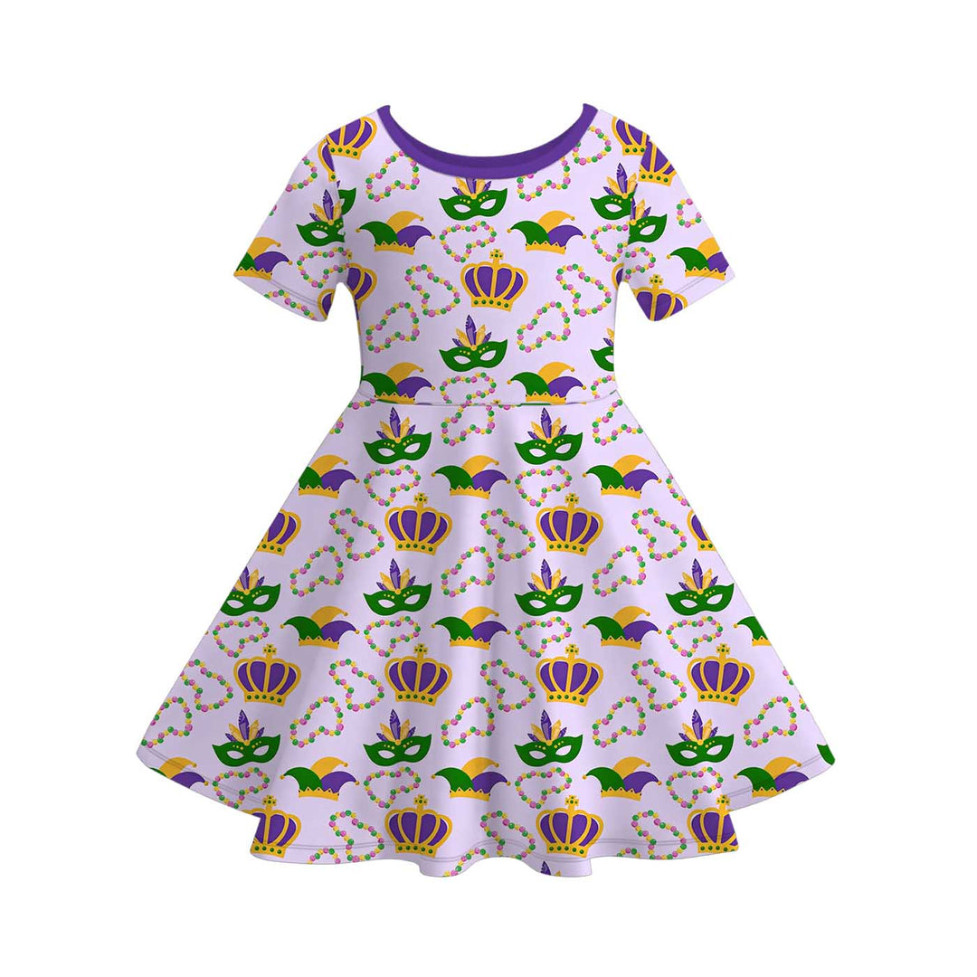 Mardi Gras themed printed short sleeve twirl dress for girls