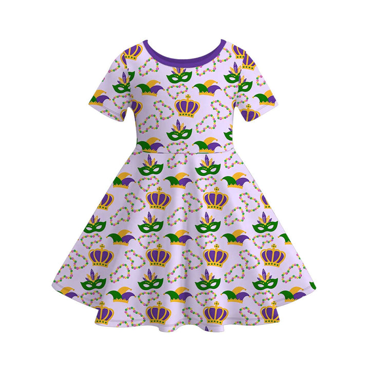 Mardi Gras themed printed short sleeve twirl dress for girls
