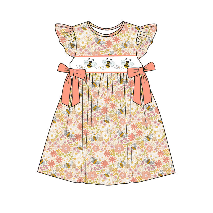 Cute bee embroidered flower print bowknot dress&romper