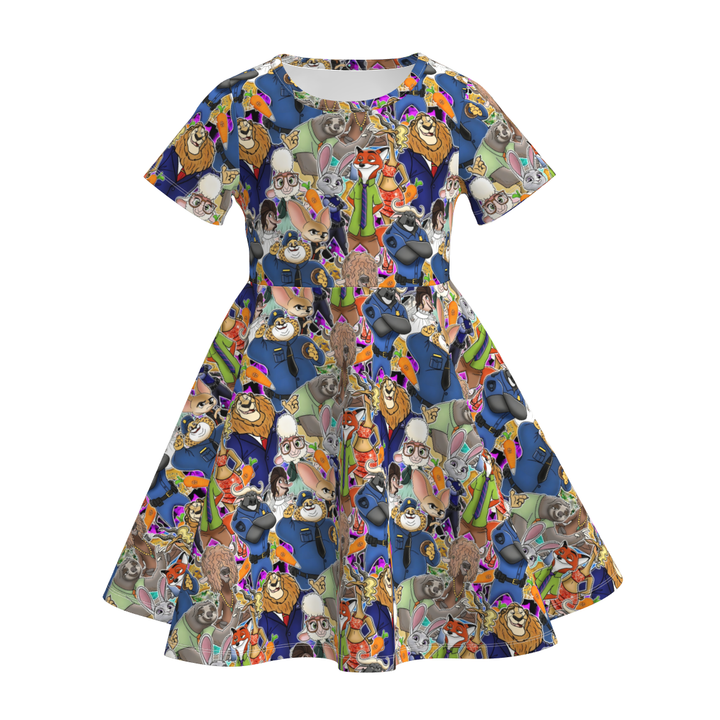 Zootopia inspired all-over printed twirly dress for girls