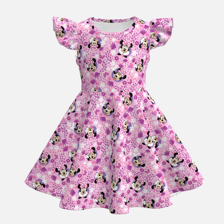 Girls cartoon cute printed flutter sleeve twirl dress