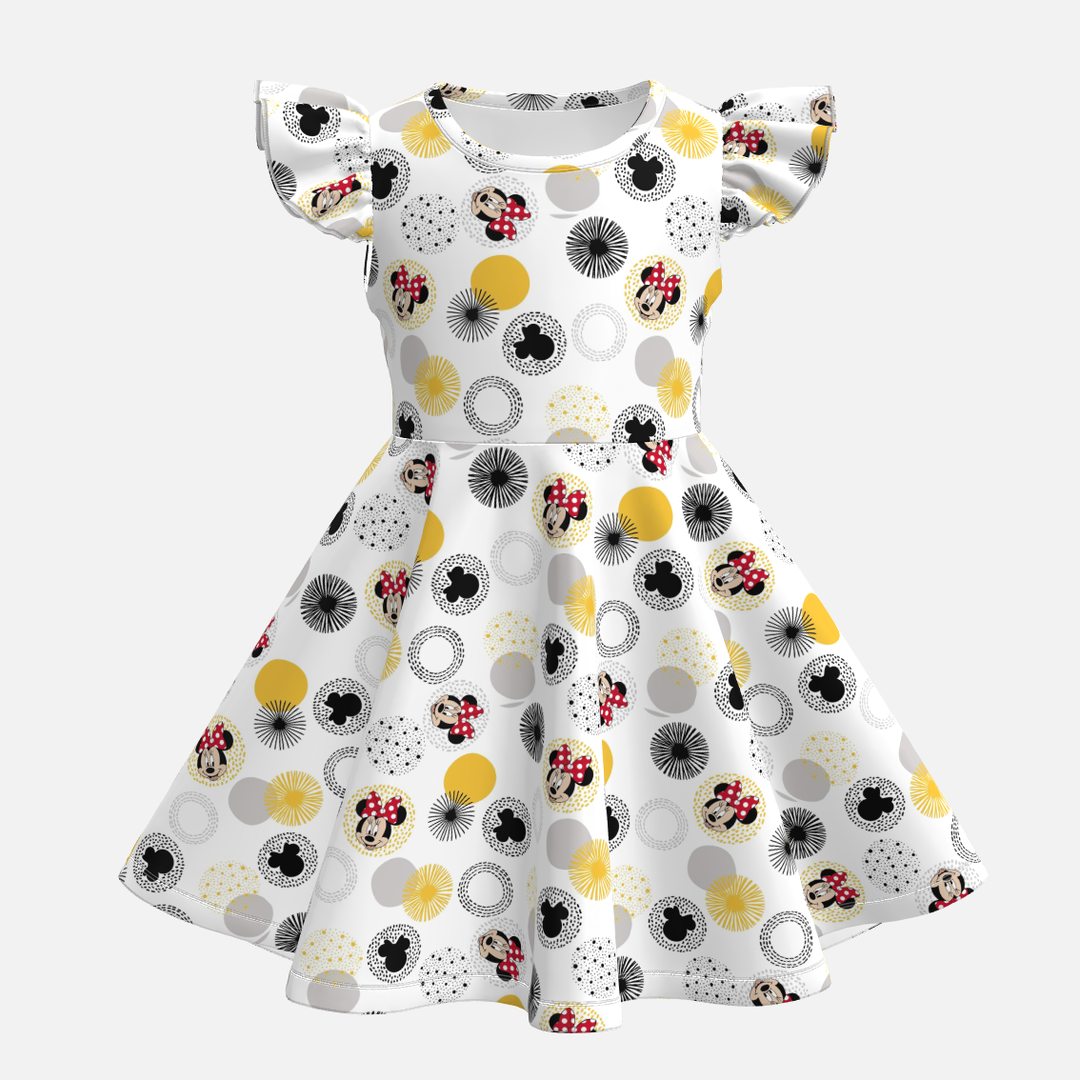 Girls cartoon cute printed flutter sleeve twirl dress