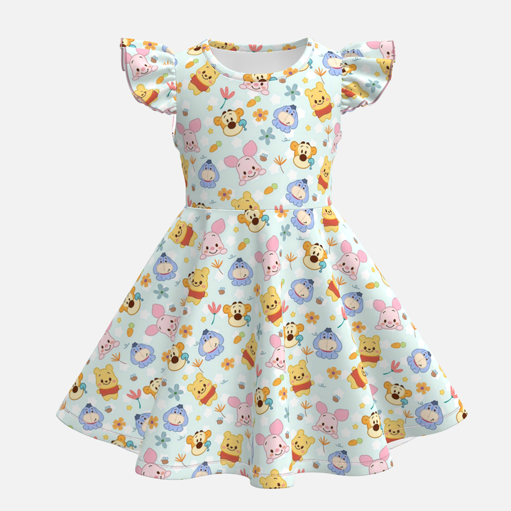 Girls cartoon cute printed flutter sleeve twirl dress