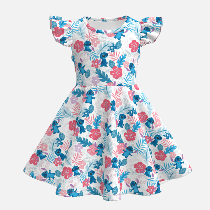 Girls cartoon cute printed flutter sleeve twirl dress