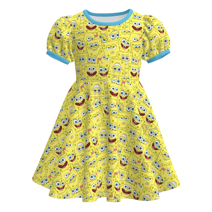 Girls cartoon cute printed puff sleeve twirl princess dress