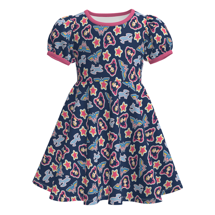Girls cartoon cute printed puff sleeve twirl princess dress