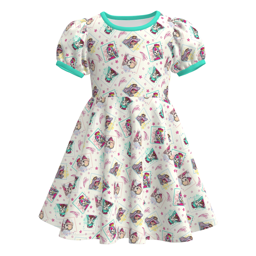 Girls cartoon cute printed puff sleeve twirl princess dress