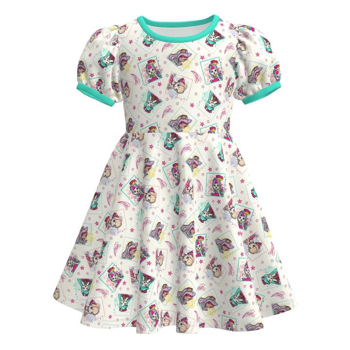 Girls cartoon cute printed puff sleeve twirl princess dress