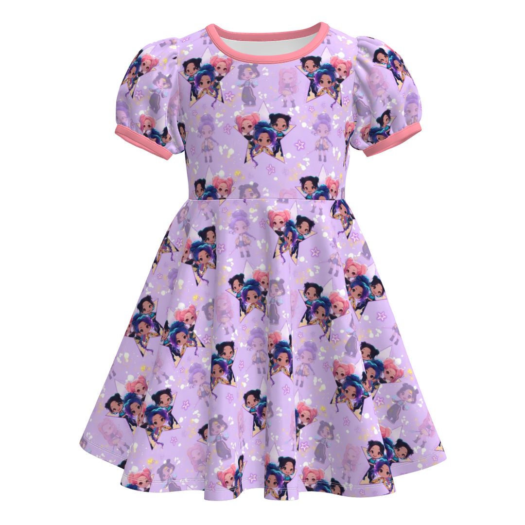 Girls cartoon cute printed puff sleeve twirl princess dress