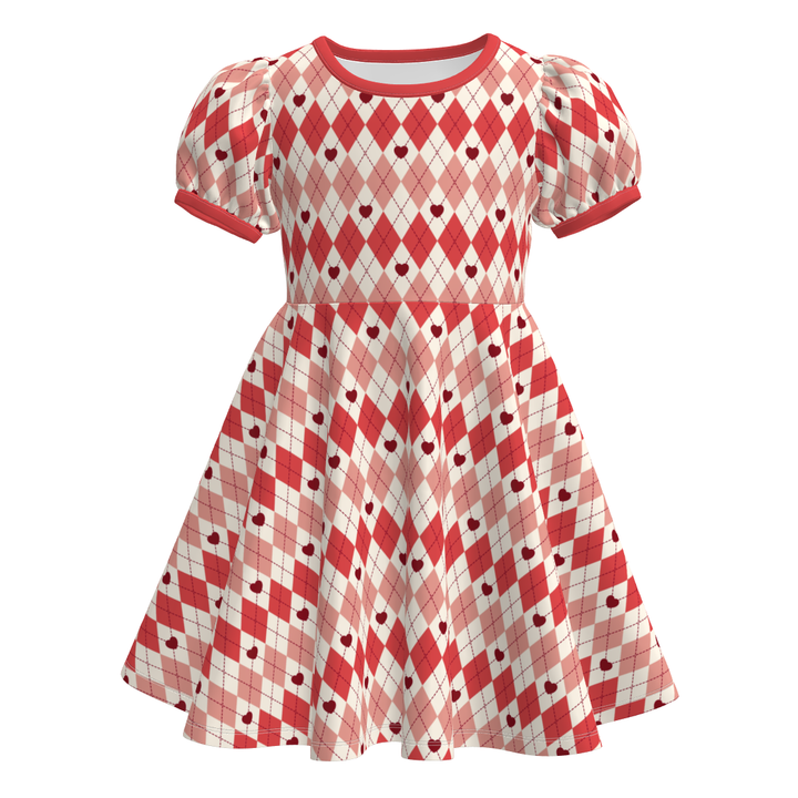 Girls rhombus diamond printed puff sleeve twirl princess dress