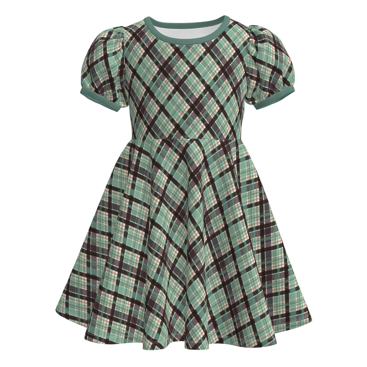 Girls rhombus diamond printed puff sleeve twirl princess dress