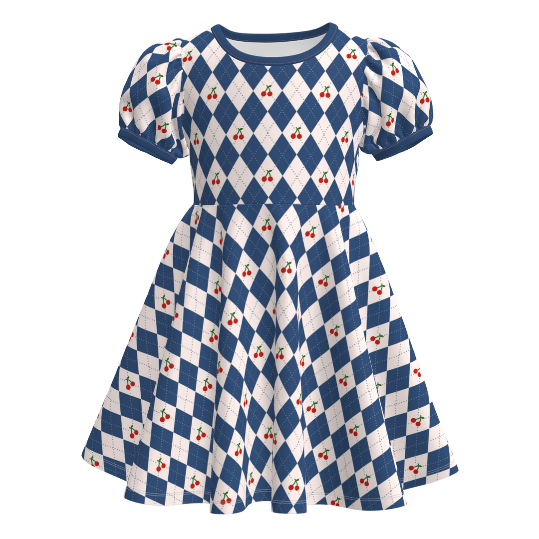 Girls rhombus diamond printed puff sleeve twirl princess dress