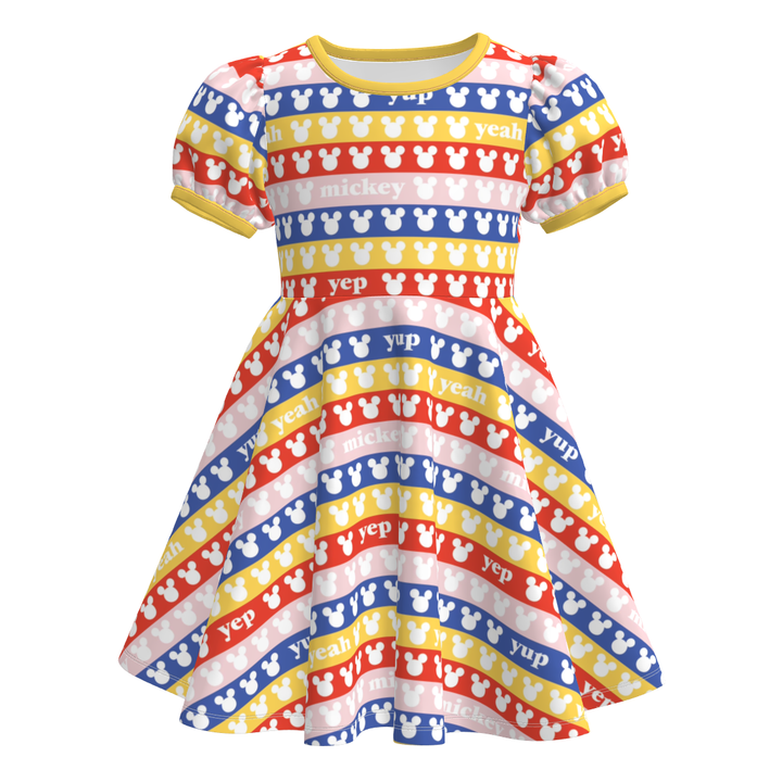 Girls rhombus diamond printed puff sleeve twirl princess dress