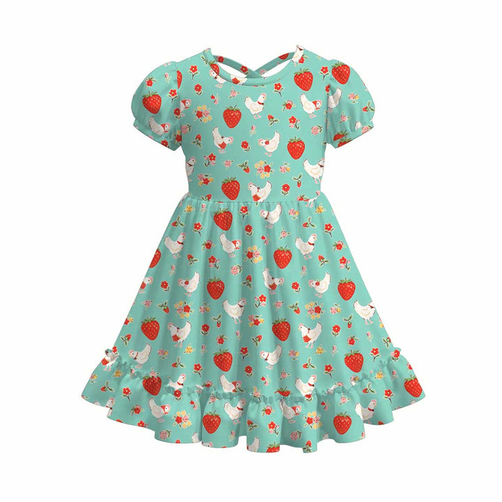 Cute strawberry&chick printed ruffle dress for girls