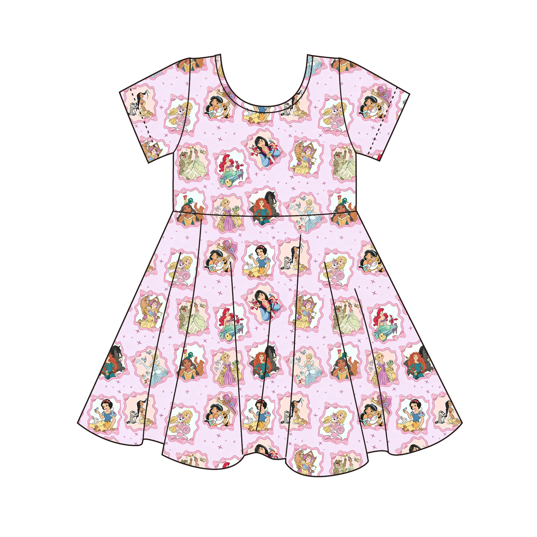 Girls cartoon cute printed short sleeve twirl dress