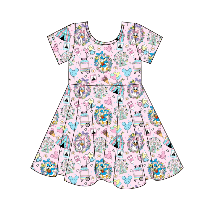 Girls cartoon cute printed short sleeve twirl dress